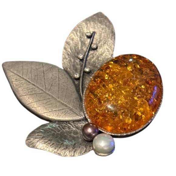 “LAGUNA” signed Silver Leaf Brooch with Honey Amber Stone - Picture 7 of 12